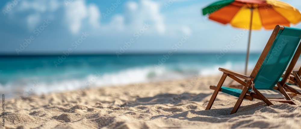 Wall mural two lawn chairs atop a sandy beach, beside an umbrella; sunny day, blue sky, ocean behind