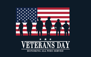 Veterans Day Honoring all who served Background Design. Banner, Poster, Greeting Card. Vector Illustration