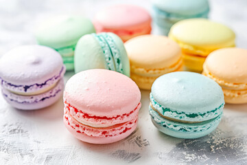 Fototapeta premium Row of colorful macarons are arranged on a table