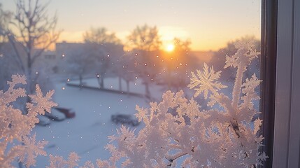 Frosty window pane with a view of a snow-covered landscape at sunrise.