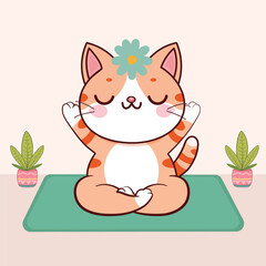 Cartoon cute cat yoga meditation vector art illustration