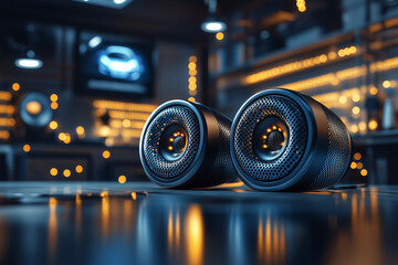 New car audio speakers on a workbench background. Car stereo installation concept background.