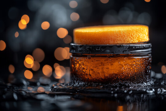 Car wax polish can and spoonge on the workbench background close up.