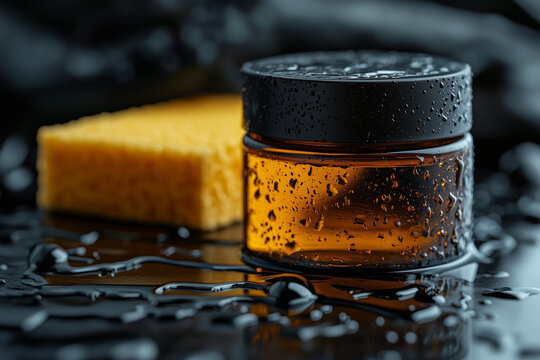 Car wax polish can and spoonge on the workbench background close up.