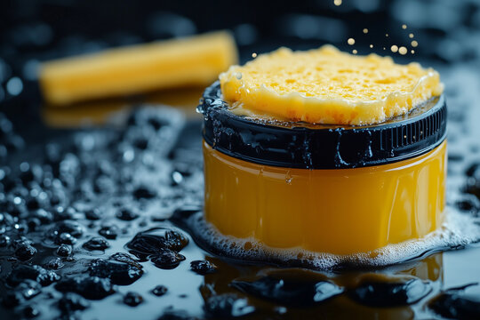 Car wax polish can and spoonge on the workbench background close up.