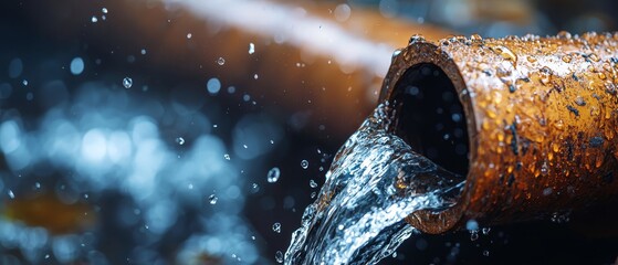  A tight shot of a leaking pipe, with water streams and numerous droplets escaping
