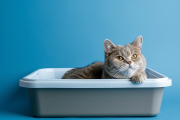 Adorable grey British cat lying inside a litter box on a blue plain solid background. Pet care. Domestic Cat at the litterbox. Hygiene for pets. Feline wants go to the toilet. Accustoming to toilet