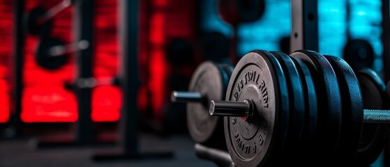 Fototapeta premium A tight shot of a barbell against a red and blue gym backdrop