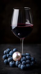  A glass of red wine next to a pile of blueberries and a pearl on a dark surface against a black background