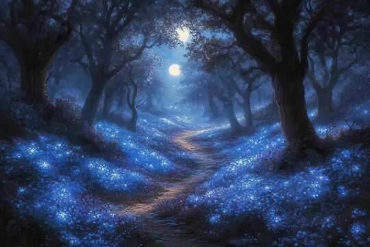 enchanted nocturnal forest bioluminescent flora ethereal mist moonlit clearings fantasy elements deep shadows magical ambiance otherworldly hues