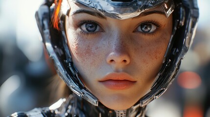 A close-up of a futuristic humanoid figure with robotic elements and striking features.