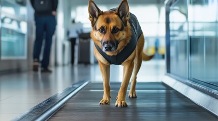 German Shepherd Dog Walking on a Moving Walkway in an Airport
