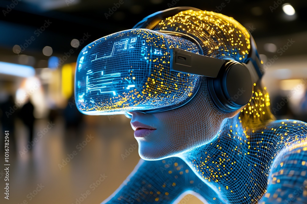 Poster 3D model of a hacktivist working inside a virtual reality protest environment, showing intricate details of the digital tools used for activism