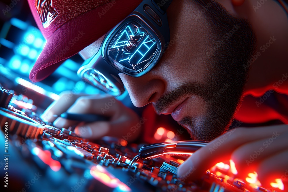 Poster 3D model of a hacktivist working inside a virtual reality protest environment, showing intricate details of the digital tools used for activism