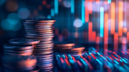 Double exposure Stack of coins with trading price graph growth.Money business financial graph diagram of coin. Financial growth data or investment market profit bar and success report