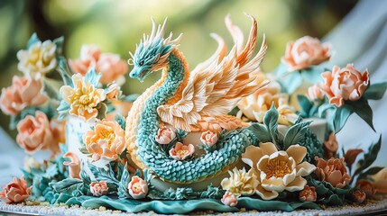 Obraz premium A green dragon cake surrounded by delicate pink flowers.