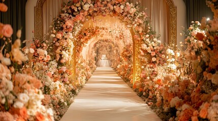 Fototapeta premium Luxurious floral archway with gold accents and a timeless elegant aesthetic adorns the grand entrance pathway of a lavish wedding ceremony event