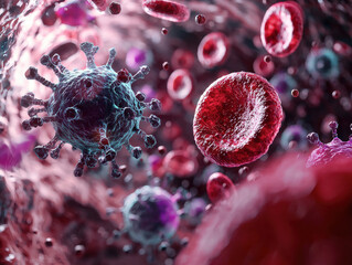 High detail view of red blood cells and viruses interacting in biological environment, showcasing complexity of cellular structures and their dynamic interactions