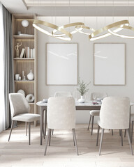 A dining room with a table, chairs, and a bookshelf. The room is decorated in a modern style with white walls and light wood floors. There are two paintings on the wall. 3D rendering