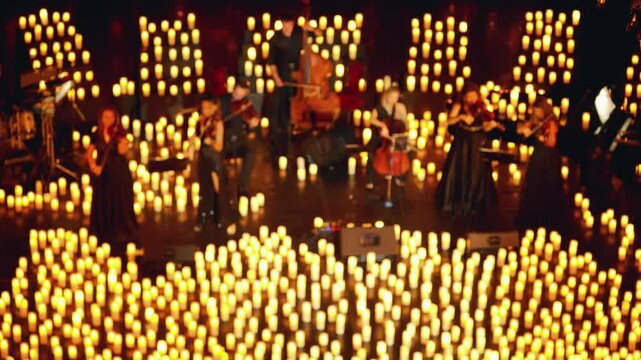 An orchestra with various instruments performs on a dimly lit concert stage, illuminated by many candles. Blurred video