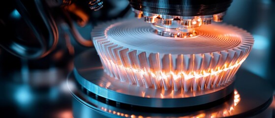 Close-up of a futuristic machinery component with glowing elements and intricate designs.