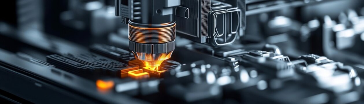 Close-up of a laser cutting machine processing metal with sparks on a dark background.
