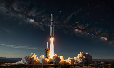 Rocket Launching into the Night Sky, Surrounded by Billowing Clouds of Smoke and Flames