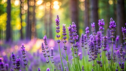 Obraz premium asymmetrical composition of lilac wild lavenders with focus on flower against blurry forest background