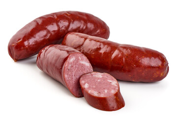 Bratwurst Pork Sausages with leaves, close-up, isolated on white background.