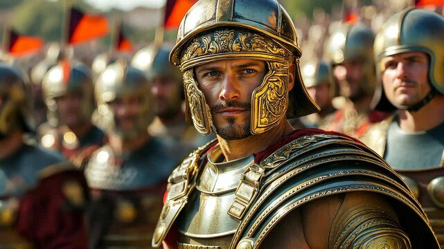 Confident roman general standing proudly with his battle-ready army