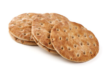 Round Rye Crispbread with Holes on White Background