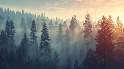 Obraz premium Misty sunrise over a dense evergreen forest.