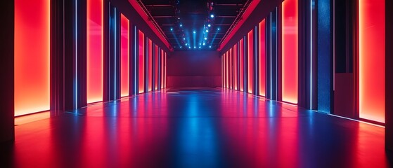 Sleek and Glowing High Tech Backdrop for Luxurious Event with Neon Lighting and Geometric Patterns  Futuristic modern and elegant interior design with dark theme glossy surfaces