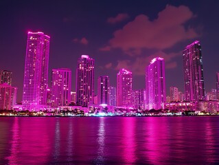 Fototapeta premium Neon pink city skyline reflected in water at night.