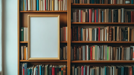 Mockup photo frame on bookshelf, wallpaper, creative image creation on the shelf of knowledge