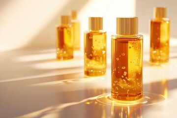 Bottles of amber liquid, soft light, white background