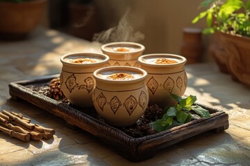 indian tea culture, masala chai in earthen cups on a sunlit table with traditional motifs and festive decor, a glimpse of indian culture