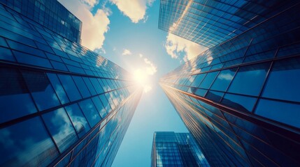 Downtown corporate business district architecture. Glass reflective office buildings against blue sky and sun light. Economy, finances, business activity concept