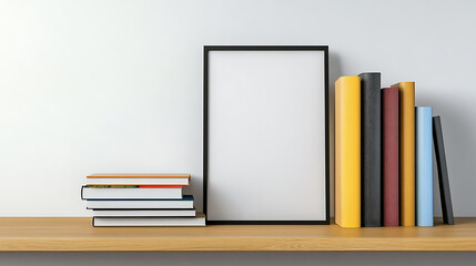 Mockup photo frame on bookshelf, wallpaper, creative image creation on the shelf of knowledge