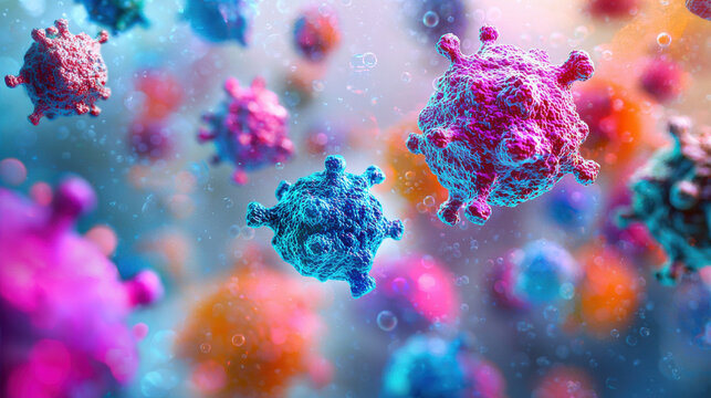 Colorful microscopic view of B cells producing antibodies, showcasing vibrant hues of blue, pink, and purple. This abstract representation highlights complexity of immune responses