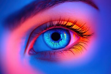 Fototapeta premium Vividly colored eye under neon lights