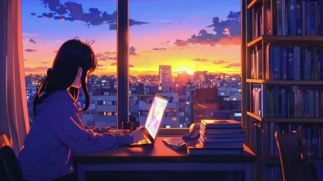 Animated virtual backgrounds cozy girl studies apartment, books glowing laptop. window, city neon lights colors sunset. lofi music, 2D 4k Lofi Japanese manga Anime-style Looping hip hop Music Video