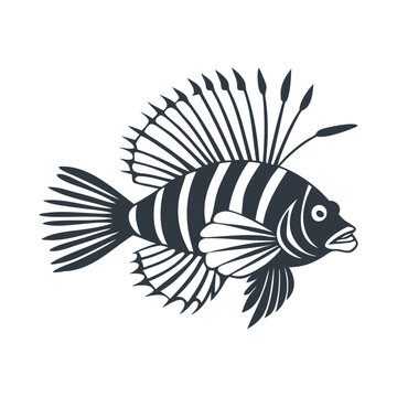 striped lionfish swimming, side view, black and white clip art preview