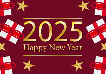 Felicitación roja de navidad con regalos y estrellas de feliz año nuevo dorado 2025