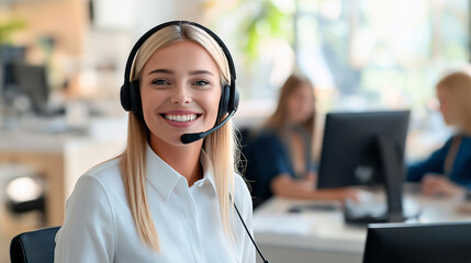 Portrait of smiling call center employee wearing headset and microphone looking warmly at camera symbolizing positive customer experience and friendly service in customer support