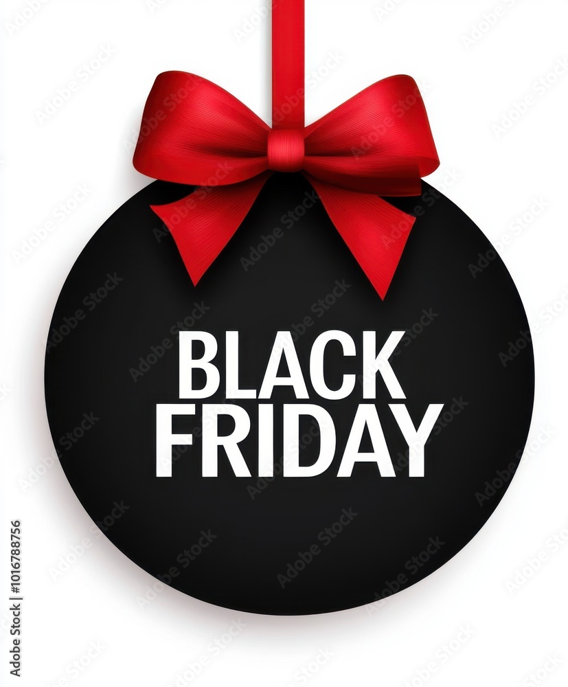 Poster black round ball with a red bow and the text 