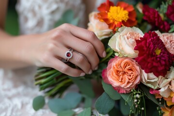 Close-up of the bride's hand with her engagement ring, and the groom sitting next to her, holding flowers in their hands Generative AI