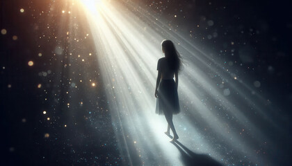 A woman walking into the light in a dark environment
