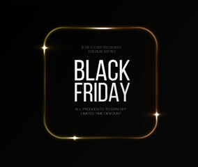 Black Friday Super Sale. Realistic golden luminous round frame. Discount banner for the holidays. PNG. Light golden Twirl. Curve light effect of golden line. Luminous golden circle.	

