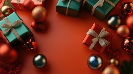Christmas background. Metallic colors Christmas decorations, Merry Christmas card. Winter holiday theme. Happy New Year.